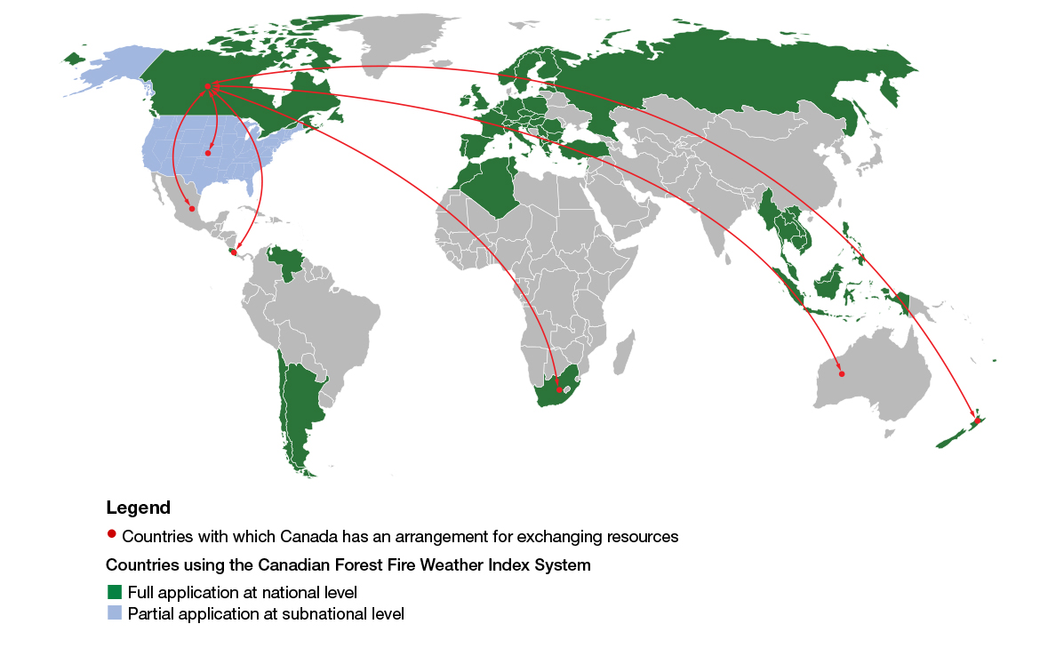 A world map showing 1) countries with which Canada has an arrangement for exchanging resources, 2) countries using the Canadian Forest Fire Weather Index System with a full application at the national level, and 3) countries using the Canadian Forest Fire Weather Index System with a partial application at the subnational level.
